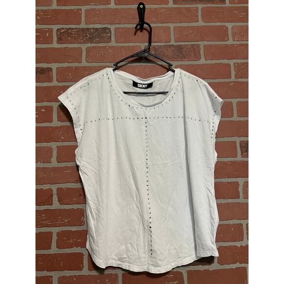DKNY Short Sleeve White Studded Top - L - Picture 4 of 6